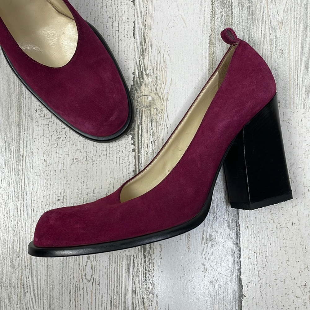 Miu Miu Fuchsia Suede Heels with Black Chunky Heel